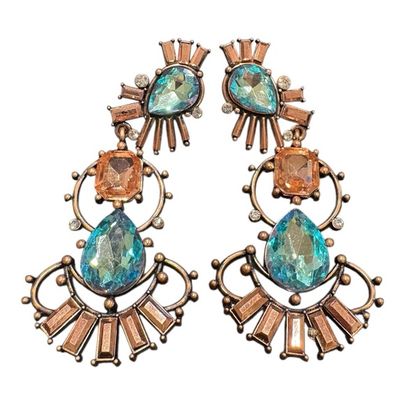 Statement Chandelier Earrings Copper Tone Blue & Peach Crystals J13 - Picture 3 of 7